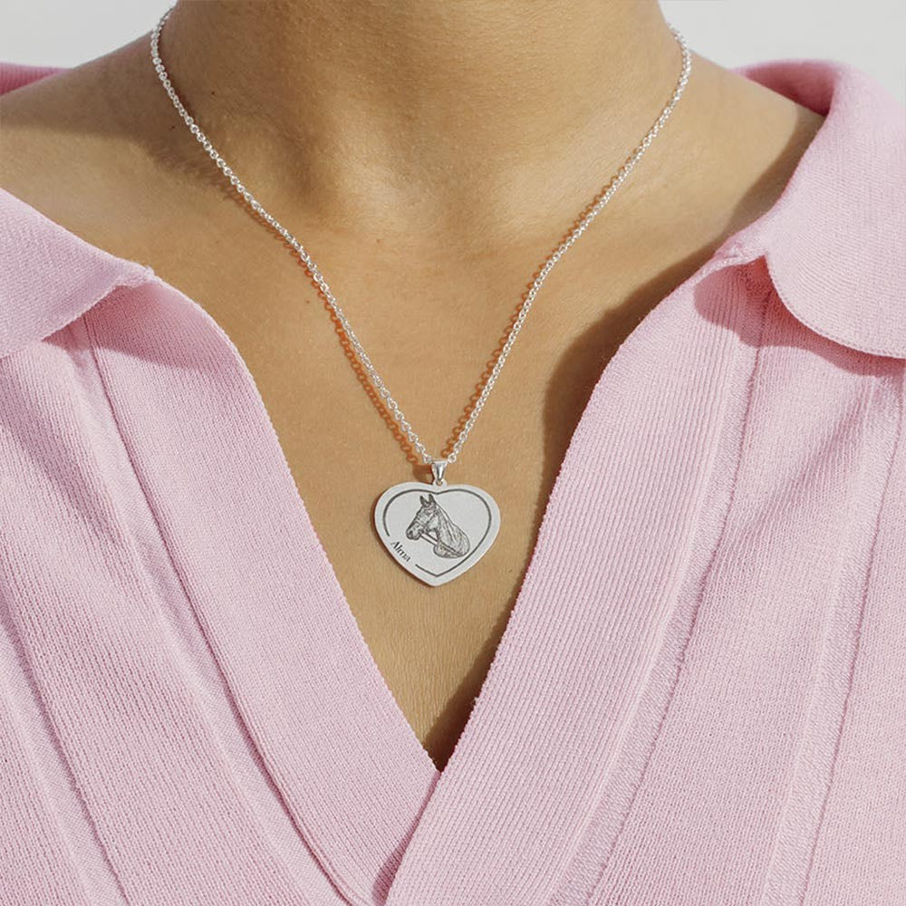Custom Photo Heart Necklace, Person/Pet Portrait Pendant, Horse Portrait Charm Necklace, Sterling Silver 925 Jewelry, Gift for Family/Friend/Pet Lover