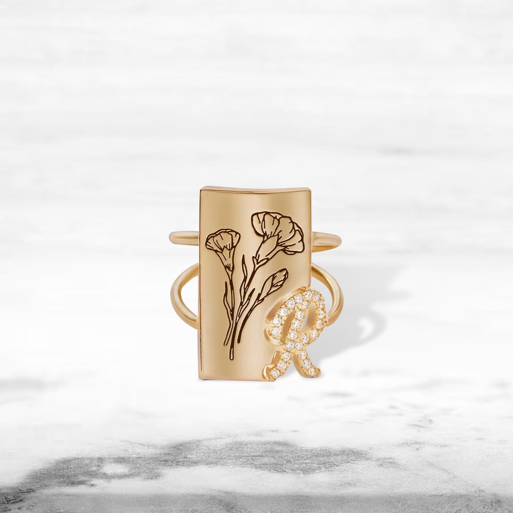 Custom Birth Flower Ring with Shining Initial, Floral Signet Ring, Sterling Silver 925 Women's Ring, Birthday/Mother's Day Gift for Mom/Wife/Family