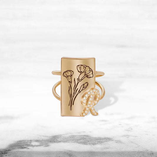 Custom Birth Flower Ring with Shining Initial, Floral Signet Ring, Sterling Silver 925 Women's Ring, Birthday/Mother's Day Gift for Mom/Wife/Family