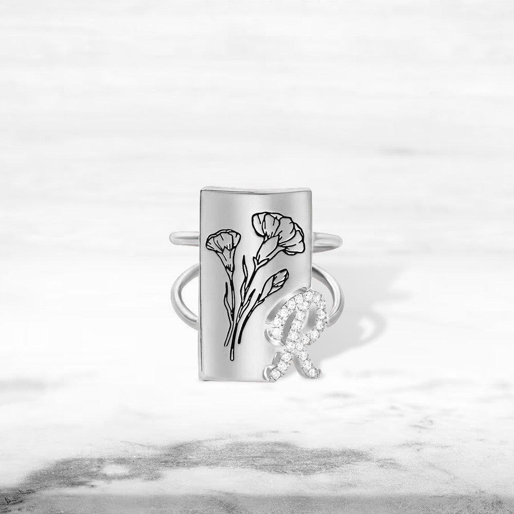 Custom Birth Flower Ring with Shining Initial, Floral Signet Ring, Sterling Silver 925 Women's Ring, Birthday/Mother's Day Gift for Mom/Wife/Family