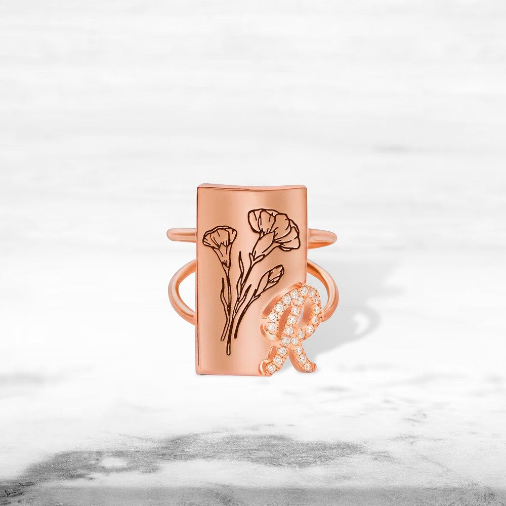 Custom Birth Flower Ring with Shining Initial, Floral Signet Ring, Sterling Silver 925 Women's Ring, Birthday/Mother's Day Gift for Mom/Wife/Family