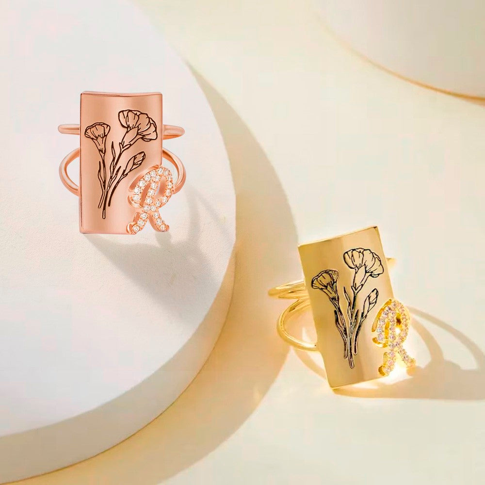 Custom Birth Flower Ring with Shining Initial, Floral Signet Ring, Sterling Silver 925 Women's Ring, Birthday/Mother's Day Gift for Mom/Wife/Family