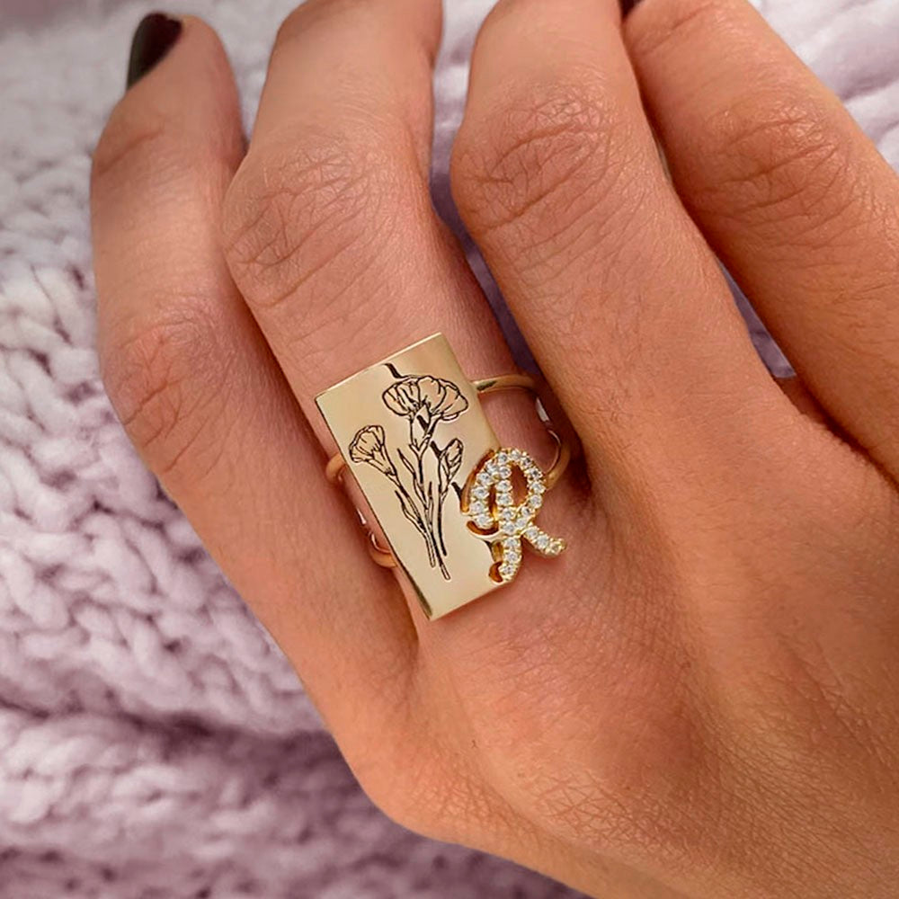 Custom Birth Flower Ring with Shining Initial, Floral Signet Ring, Sterling Silver 925 Women's Ring, Birthday/Mother's Day Gift for Mom/Wife/Family