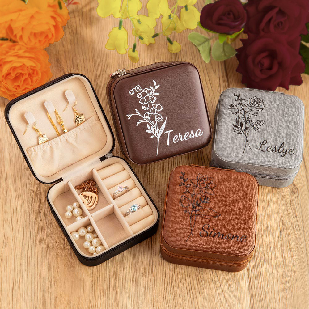 Birth Flower Jewelry Travel Case, Personalized Birthday Gift, Custom Leather Jewelry Box, Gifts for Wedding/Bridesmaid/Mom/Women