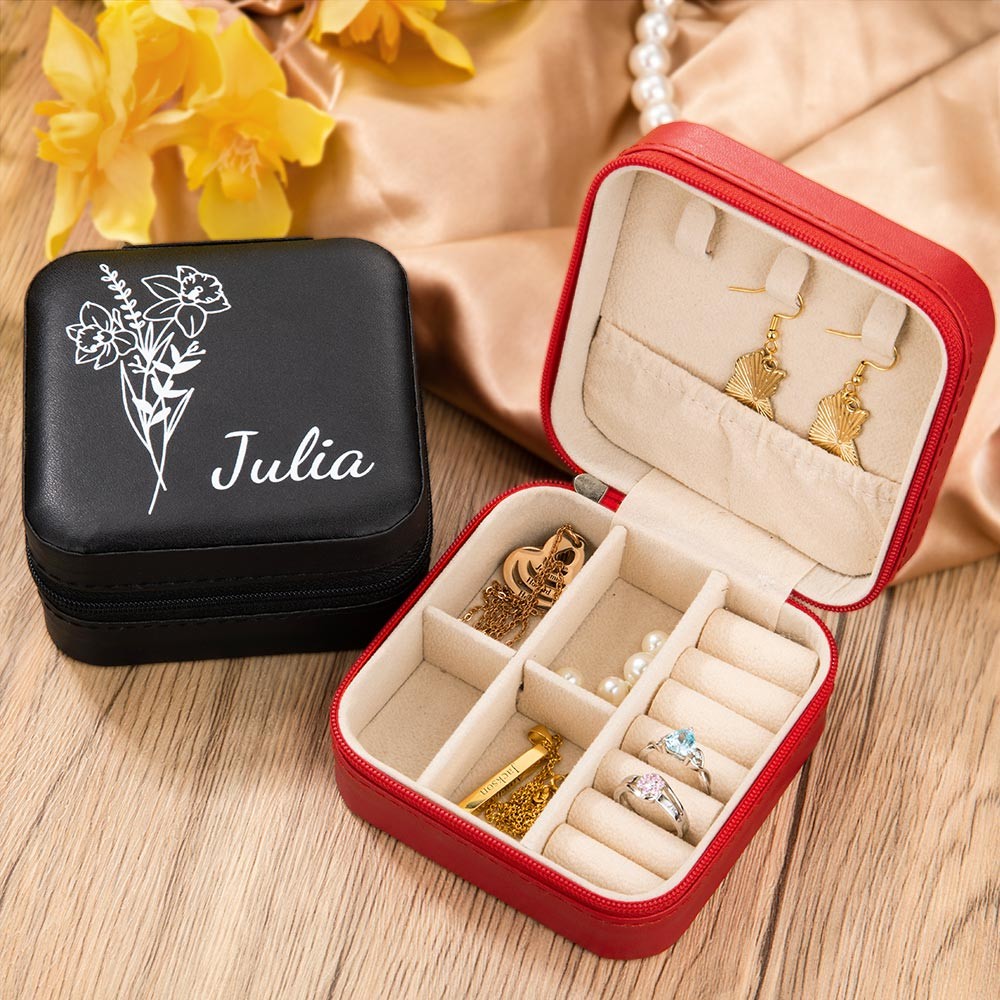 Birth Flower Jewelry Travel Case, Personalized Birthday Gift, Custom Leather Jewelry Box, Gifts for Wedding/Bridesmaid/Mom/Women
