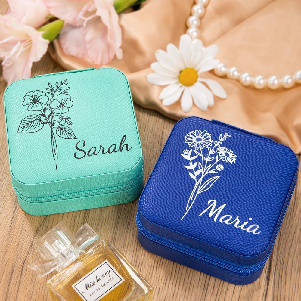 Birth Flower Jewelry Travel Case, Personalized Birthday Gift, Custom Leather Jewelry Box, Gifts for Wedding/Bridesmaid/Mom/Women