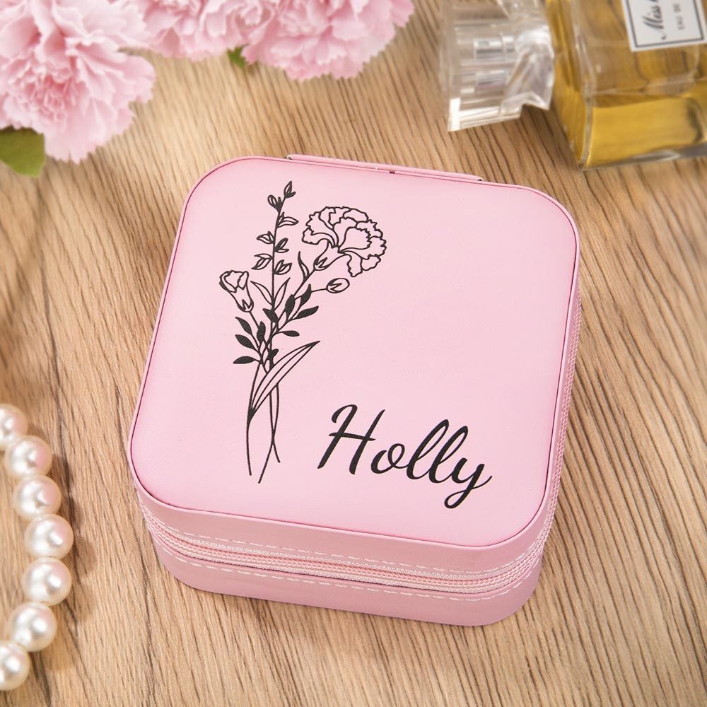Birth Flower Jewelry Travel Case, Personalized Birthday Gift, Custom Leather Jewelry Box, Gifts for Wedding/Bridesmaid/Mom/Women