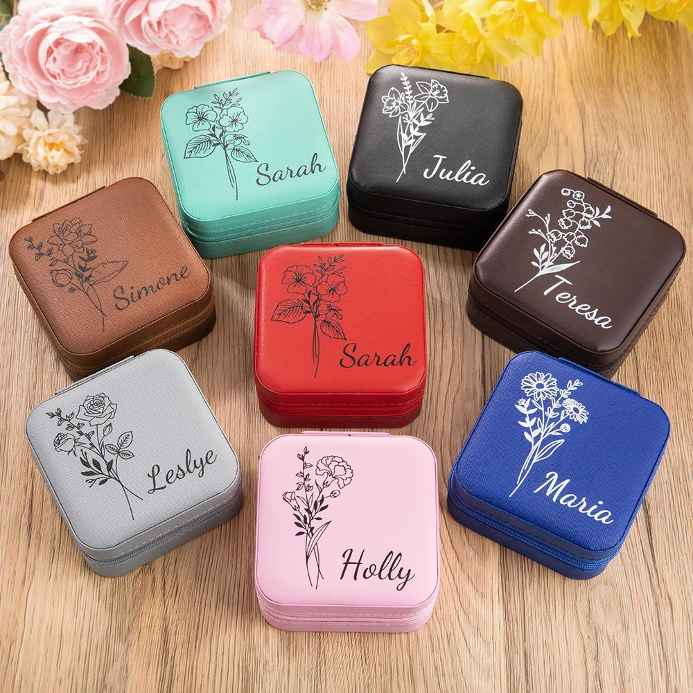 Birth Flower Jewelry Travel Case, Personalized Birthday Gift, Custom Leather Jewelry Box, Gifts for Wedding/Bridesmaid/Mom/Women