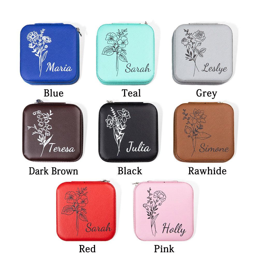 Birth Flower Jewelry Travel Case, Personalized Birthday Gift, Custom Leather Jewelry Box, Gifts for Wedding/Bridesmaid/Mom/Women