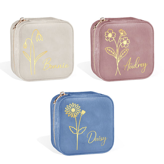 Birth Flower Jewelry Travel Case, Personalized Birthday Gift, Custom Velvet Jewelry Box, Gifts for Wedding/Bridesmaid/Mom/Women