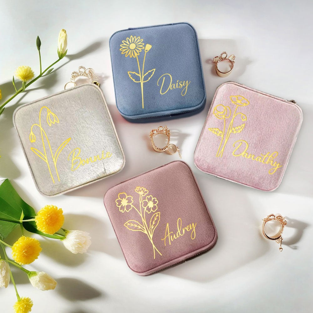 Birth Flower Jewelry Travel Case, Personalized Birthday Gift, Custom Velvet Jewelry Box, Gifts for Wedding/Bridesmaid/Mom/Women