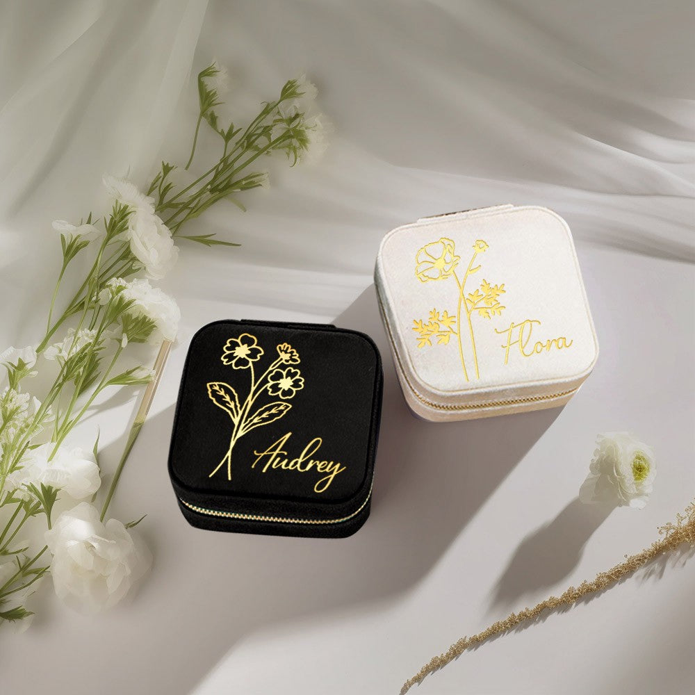 Birth Flower Jewelry Travel Case, Personalized Birthday Gift, Custom Velvet Jewelry Box, Gifts for Wedding/Bridesmaid/Mom/Women