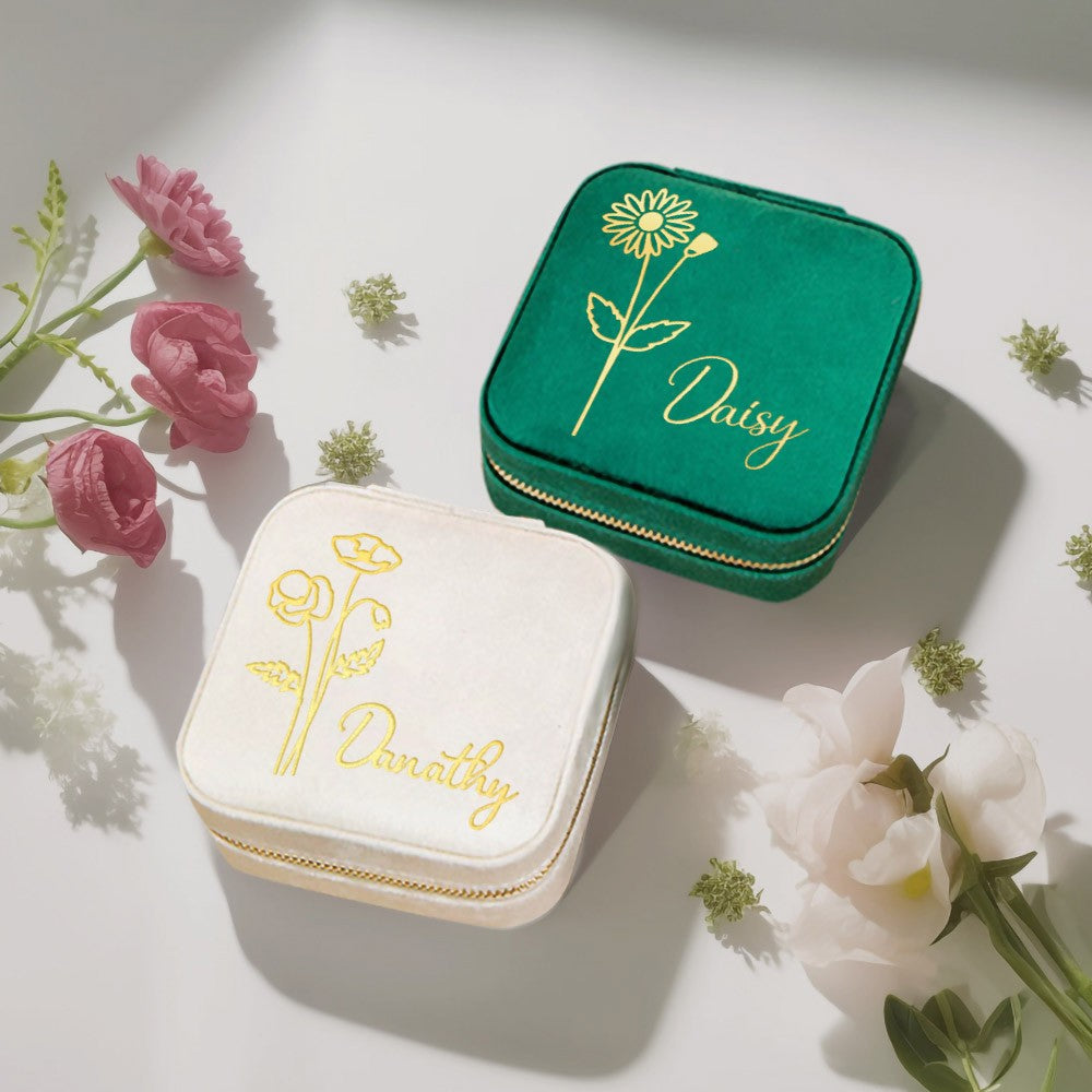 Birth Flower Jewelry Travel Case, Personalized Birthday Gift, Custom Velvet Jewelry Box, Gifts for Wedding/Bridesmaid/Mom/Women