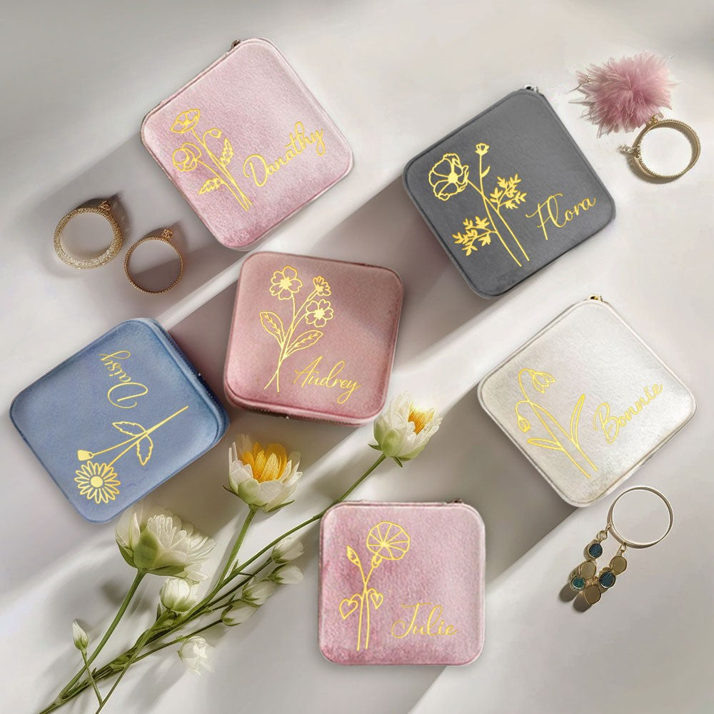 Birth Flower Jewelry Travel Case, Personalized Birthday Gift, Custom Velvet Jewelry Box, Gifts for Wedding/Bridesmaid/Mom/Women
