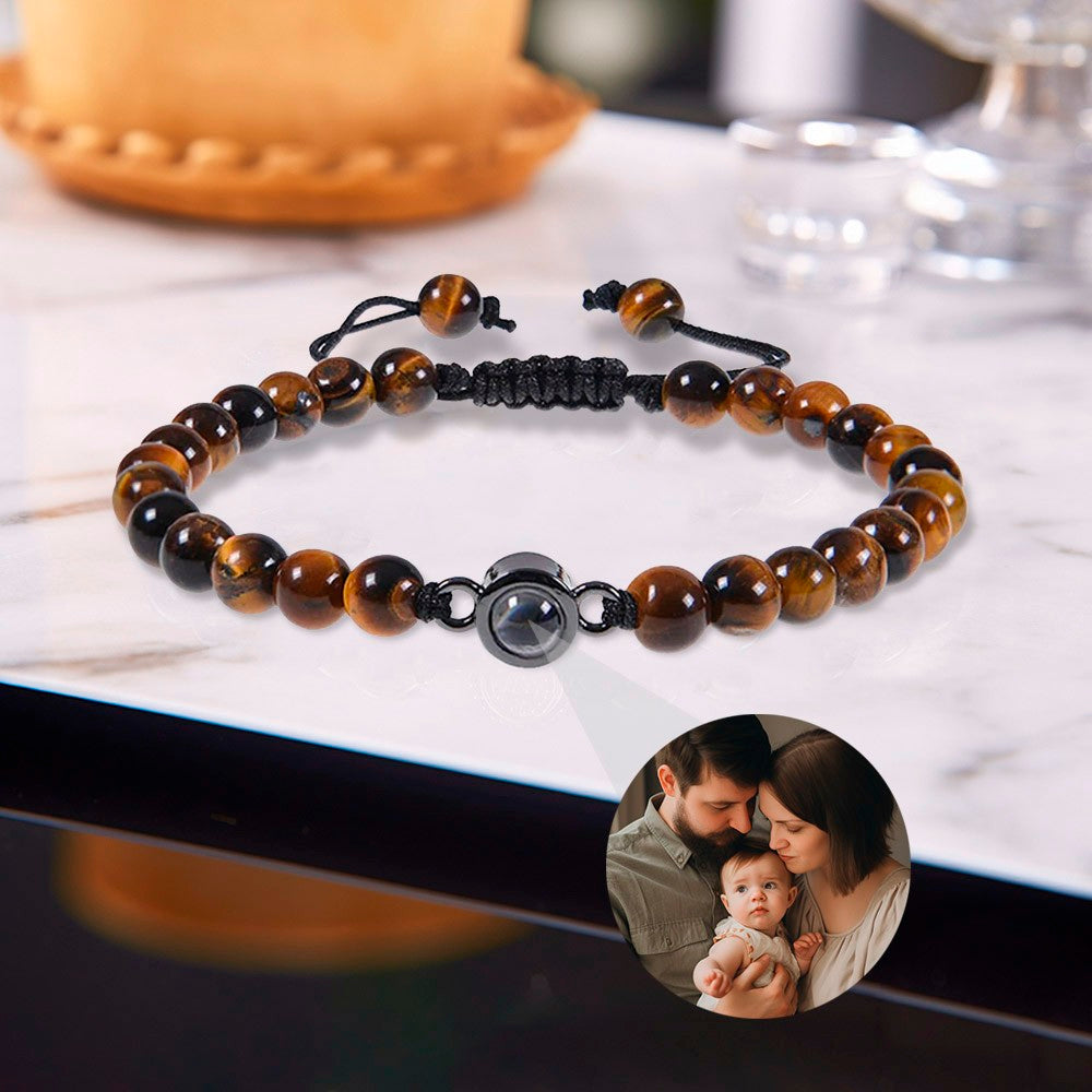 Custom Photo Projection Adjustable Tiger Eye Bracelet, Natural Round Crystal Gemstone Healing Bracelets, Birthday/Father's Day Gift for Men