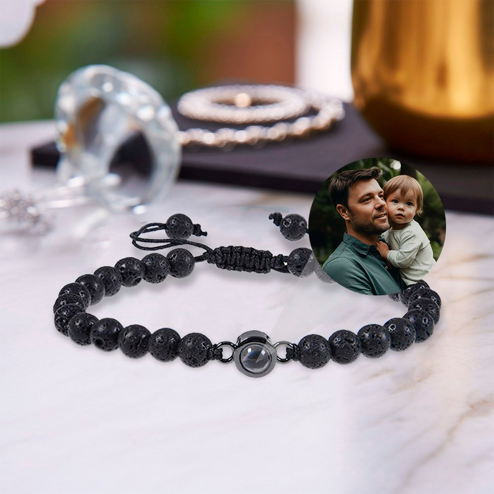 Custom Photo Projection Adjustable Tiger Eye Bracelet, Natural Round Crystal Gemstone Healing Bracelets, Birthday/Father's Day Gift for Men