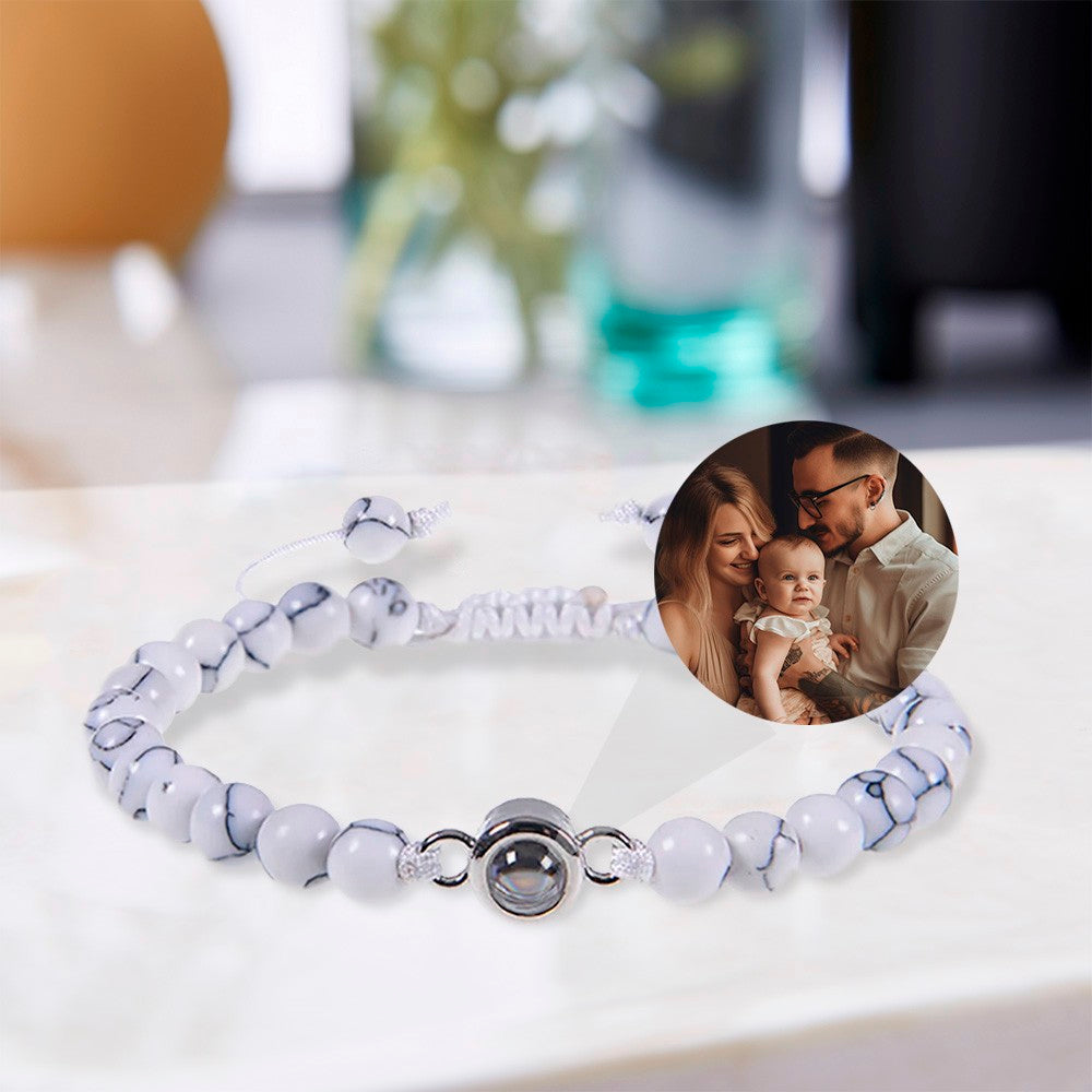 Custom Photo Projection Adjustable Tiger Eye Bracelet, Natural Round Crystal Gemstone Healing Bracelets, Birthday/Father's Day Gift for Men