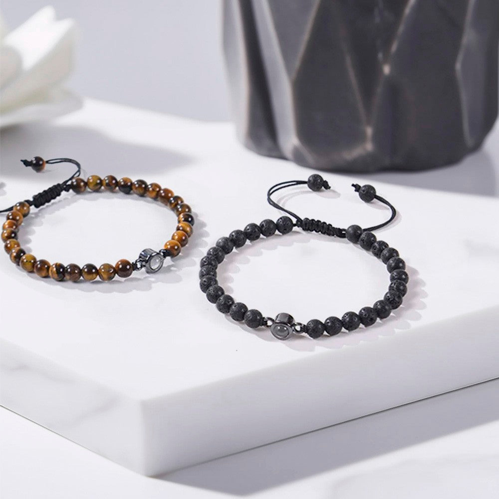 Custom Photo Projection Adjustable Tiger Eye Bracelet, Natural Round Crystal Gemstone Healing Bracelets, Birthday/Father's Day Gift for Men