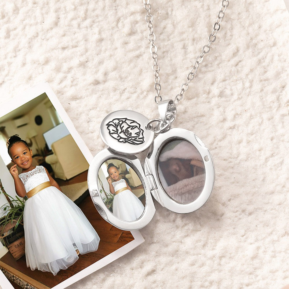 Personalized Birth Flower & Photo Necklace, Photo Necklace with Name, Oval Locket Necklace, BirthDay/Valentine's Gift for Mom/Grandma/Wife/Couple