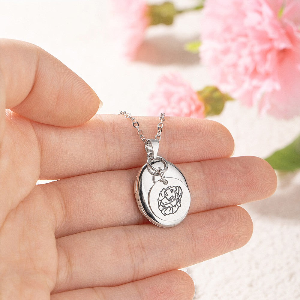 Personalized Birth Flower & Photo Necklace, Photo Necklace with Name, Oval Locket Necklace, BirthDay/Valentine's Gift for Mom/Grandma/Wife/Couple
