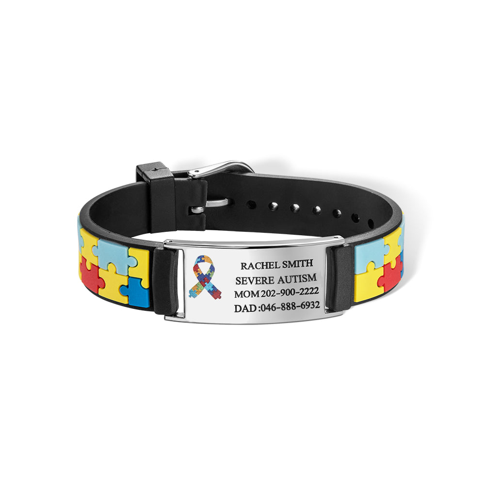 Personalized Autism Medical Alert ID Bracelet, Custom Engraved Name Autism Awareness Medical Alert Bracelet, Emergency Silicone Wristband for Kids/Adult
