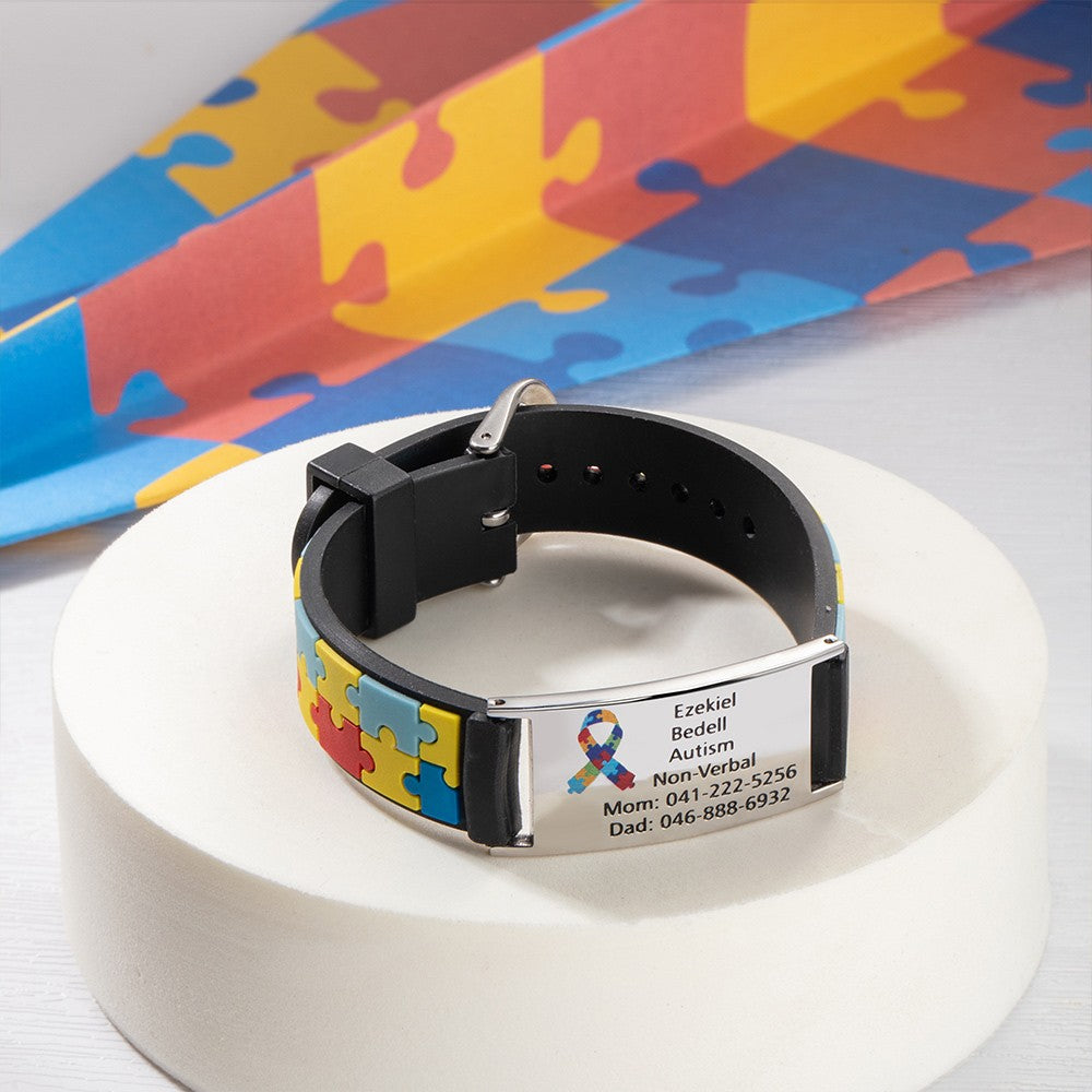 Personalized Autism Medical Alert ID Bracelet, Custom Engraved Name Autism Awareness Medical Alert Bracelet, Emergency Silicone Wristband for Kids/Adult