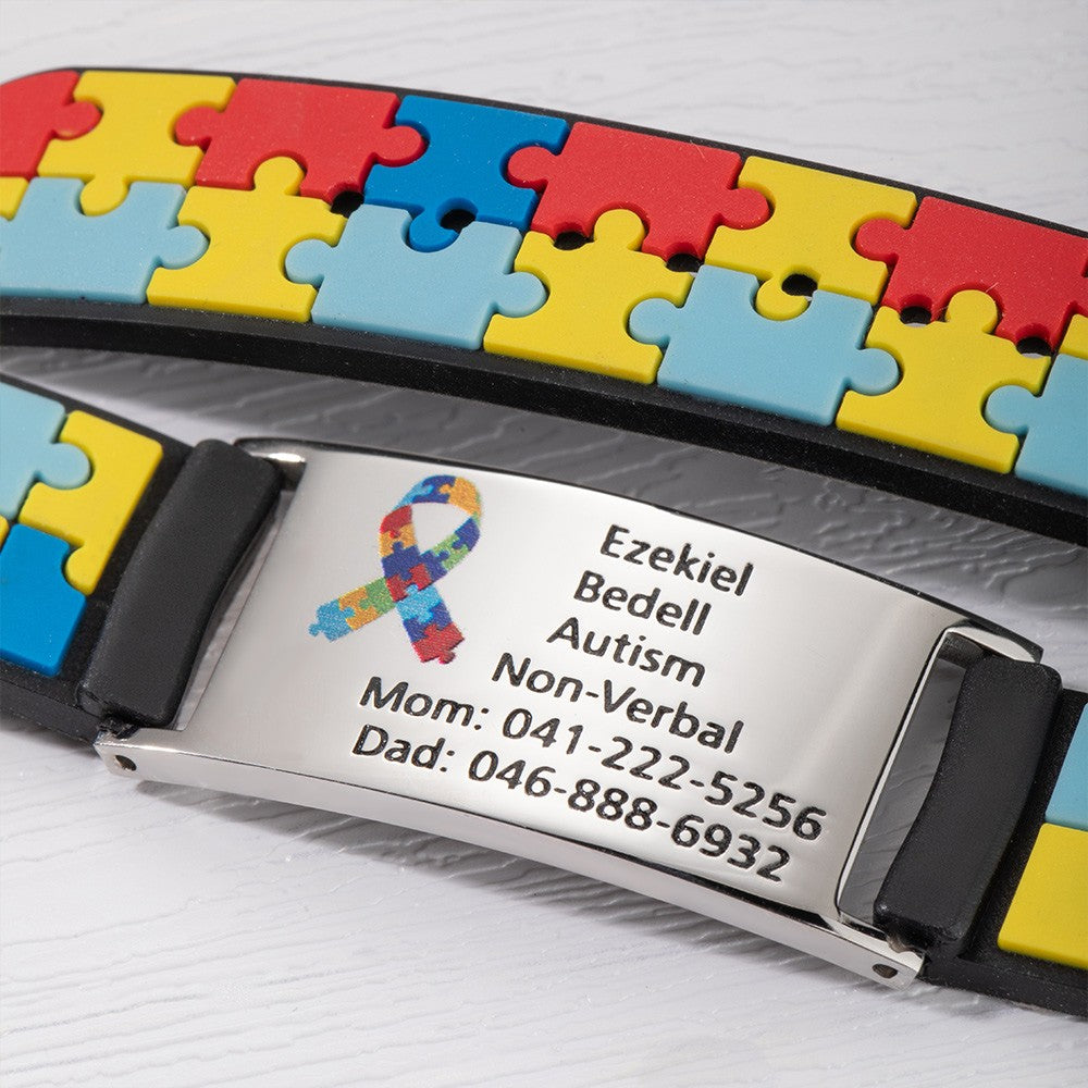 Personalized Autism Medical Alert ID Bracelet, Custom Engraved Name Autism Awareness Medical Alert Bracelet, Emergency Silicone Wristband for Kids/Adult