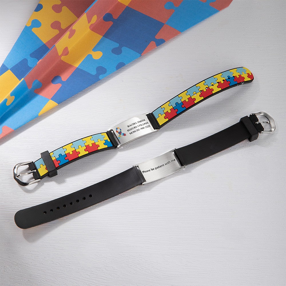 Personalized Autism Medical Alert ID Bracelet, Custom Engraved Name Autism Awareness Medical Alert Bracelet, Emergency Silicone Wristband for Kids/Adult