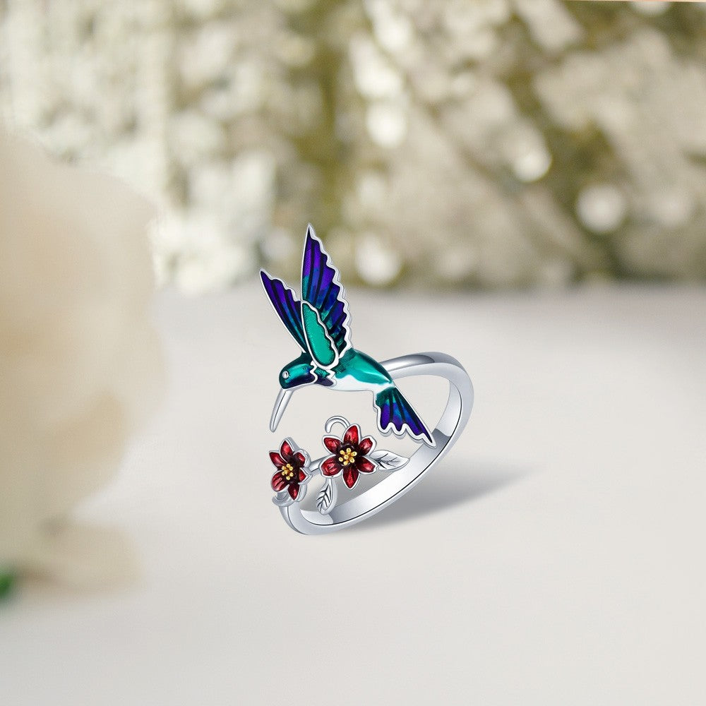 Custom Name Hummingbird Ring, Hummingbird Ring with Red Bell Flower, Hummingbird Stacking Ring, Adjustable Ring, Birds Pendant Ring, Gifts for Women