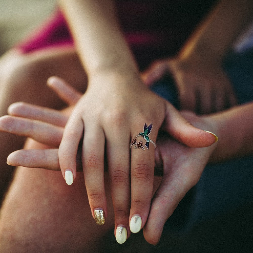 Custom Name Hummingbird Ring, Hummingbird Ring with Red Bell Flower, Hummingbird Stacking Ring, Adjustable Ring, Birds Pendant Ring, Gifts for Women