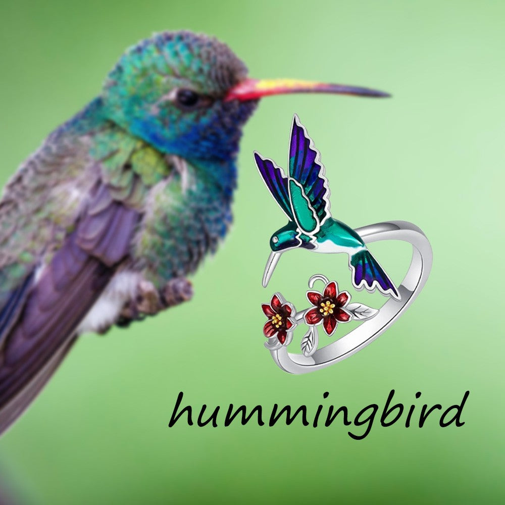 Custom Name Hummingbird Ring, Hummingbird Ring with Red Bell Flower, Hummingbird Stacking Ring, Adjustable Ring, Birds Pendant Ring, Gifts for Women