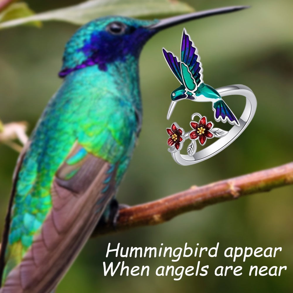 Custom Name Hummingbird Ring, Hummingbird Ring with Red Bell Flower, Hummingbird Stacking Ring, Adjustable Ring, Birds Pendant Ring, Gifts for Women