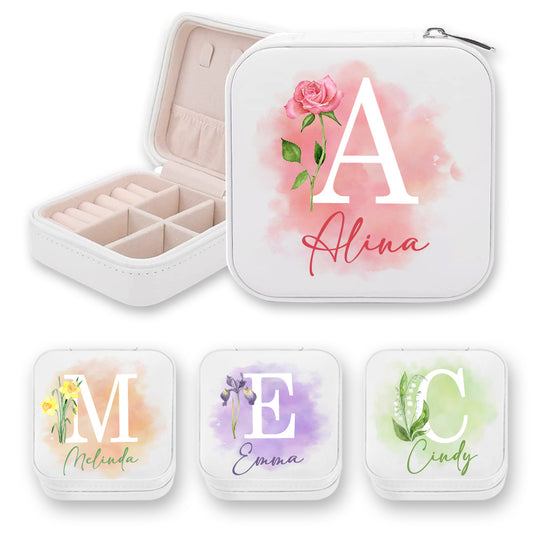 Personalized Birth Flower Jewelry Travel Case, Custom Leather Jewelry Box, Birthday Gift, Gifts for Wedding/Bridesmaid/Mom/Women