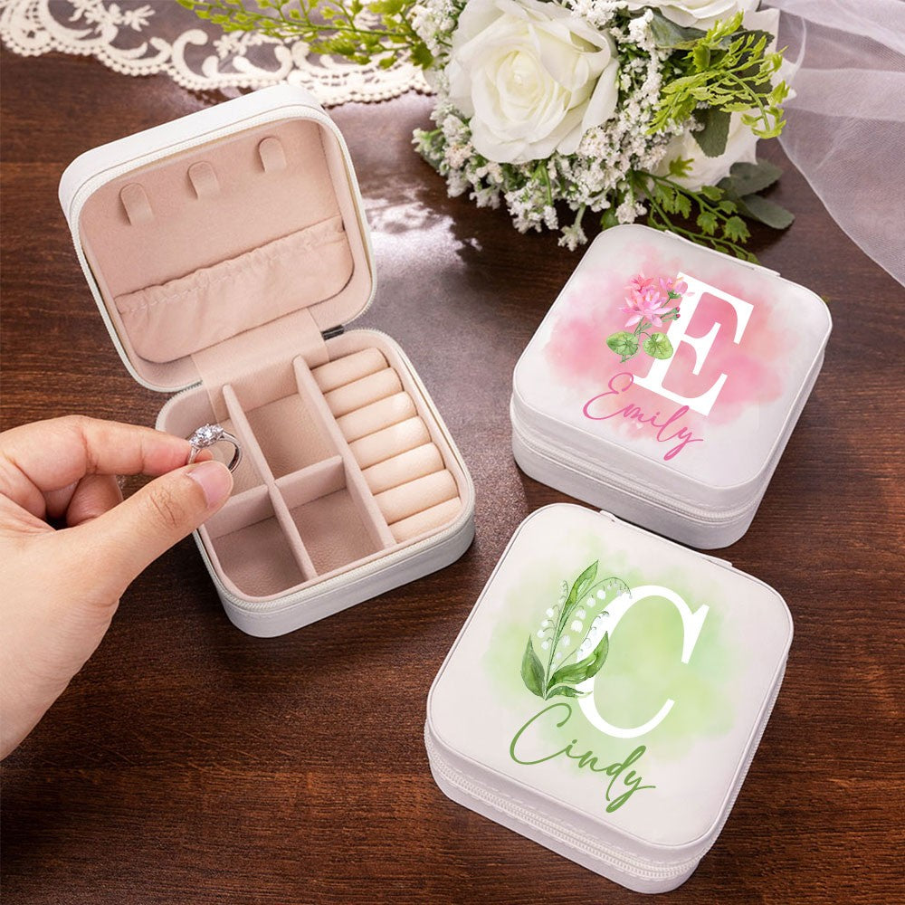 Personalized Birth Flower Jewelry Travel Case, Custom Leather Jewelry Box, Birthday Gift, Gifts for Wedding/Bridesmaid/Mom/Women