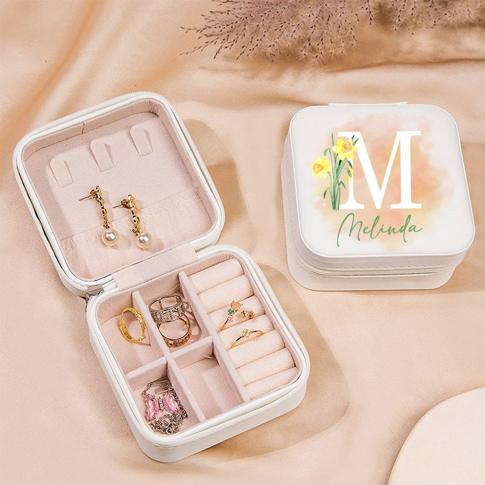 Personalized Birth Flower Jewelry Travel Case, Custom Leather Jewelry Box, Birthday Gift, Gifts for Wedding/Bridesmaid/Mom/Women