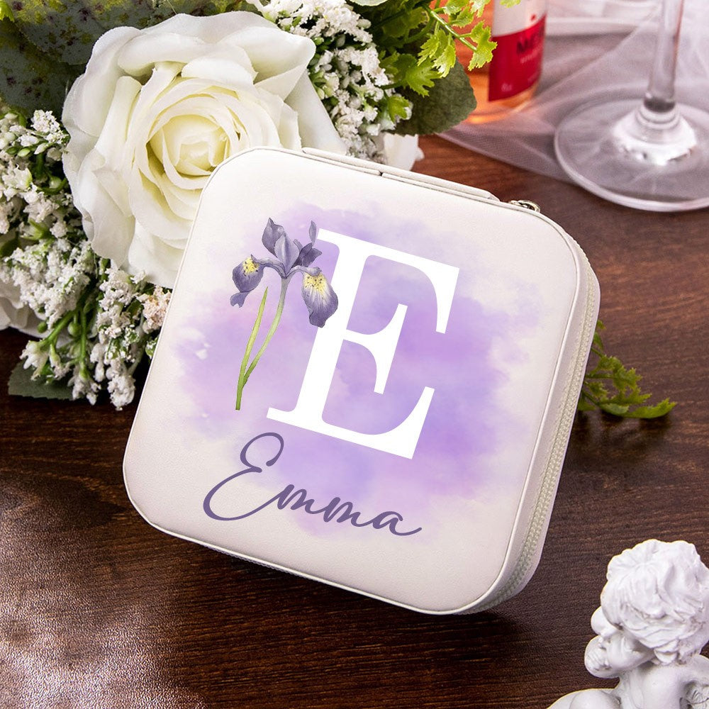 Personalized Birth Flower Jewelry Travel Case, Custom Leather Jewelry Box, Birthday Gift, Gifts for Wedding/Bridesmaid/Mom/Women