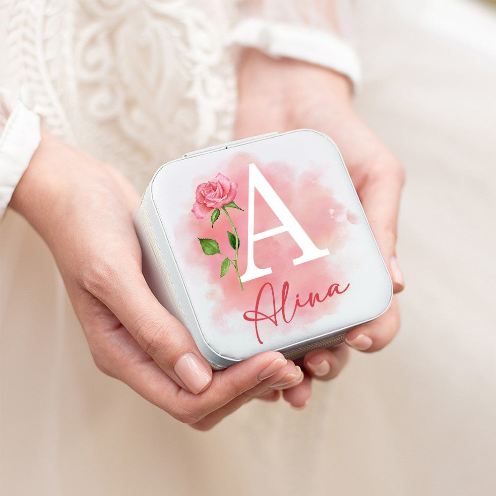 Personalized Birth Flower Jewelry Travel Case, Custom Leather Jewelry Box, Birthday Gift, Gifts for Wedding/Bridesmaid/Mom/Women