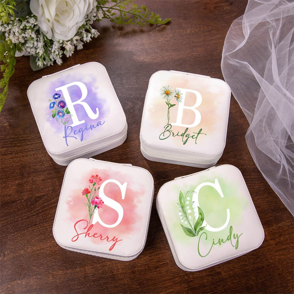 Personalized Birth Flower Jewelry Travel Case, Custom Leather Jewelry Box, Birthday Gift, Gifts for Wedding/Bridesmaid/Mom/Women