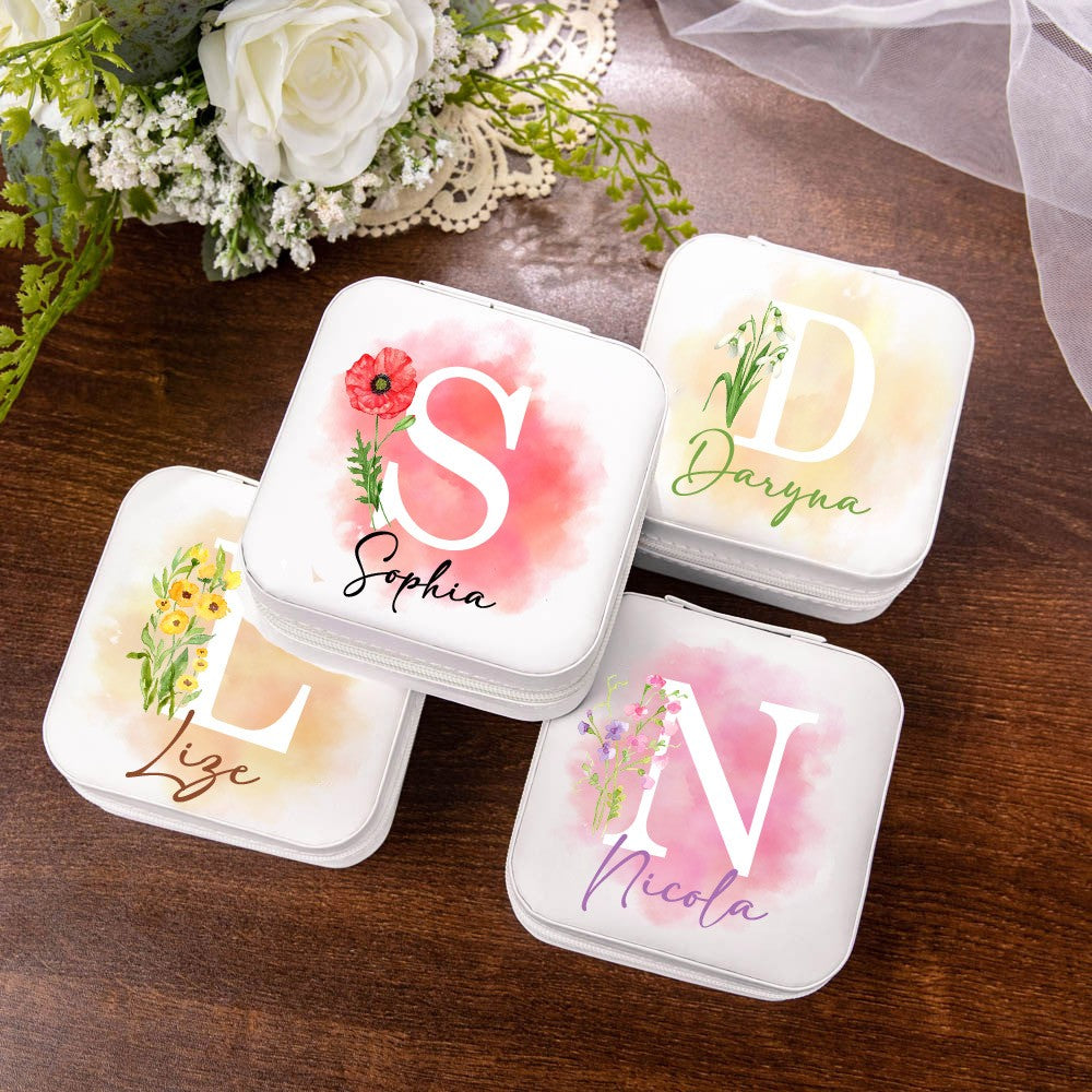 Personalized Birth Flower Jewelry Travel Case, Custom Leather Jewelry Box, Birthday Gift, Gifts for Wedding/Bridesmaid/Mom/Women