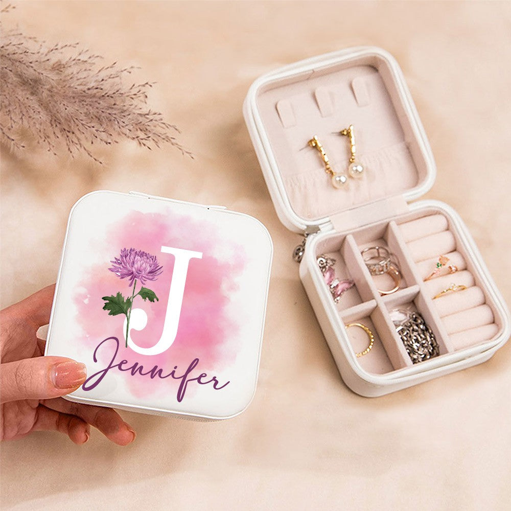 Personalized Birth Flower Jewelry Travel Case, Custom Leather Jewelry Box, Birthday Gift, Gifts for Wedding/Bridesmaid/Mom/Women