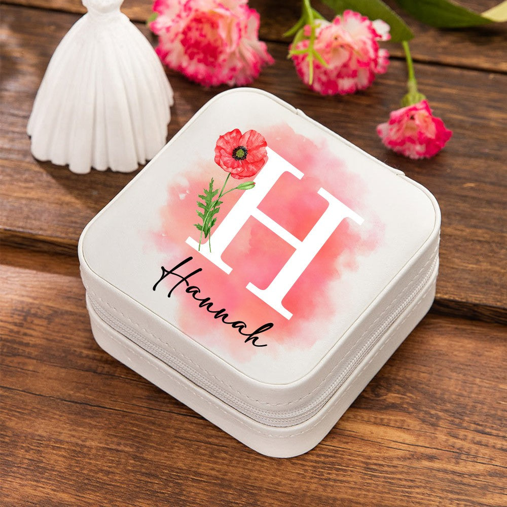 Personalized Birth Flower Jewelry Travel Case, Custom Leather Jewelry Box, Birthday Gift, Gifts for Wedding/Bridesmaid/Mom/Women