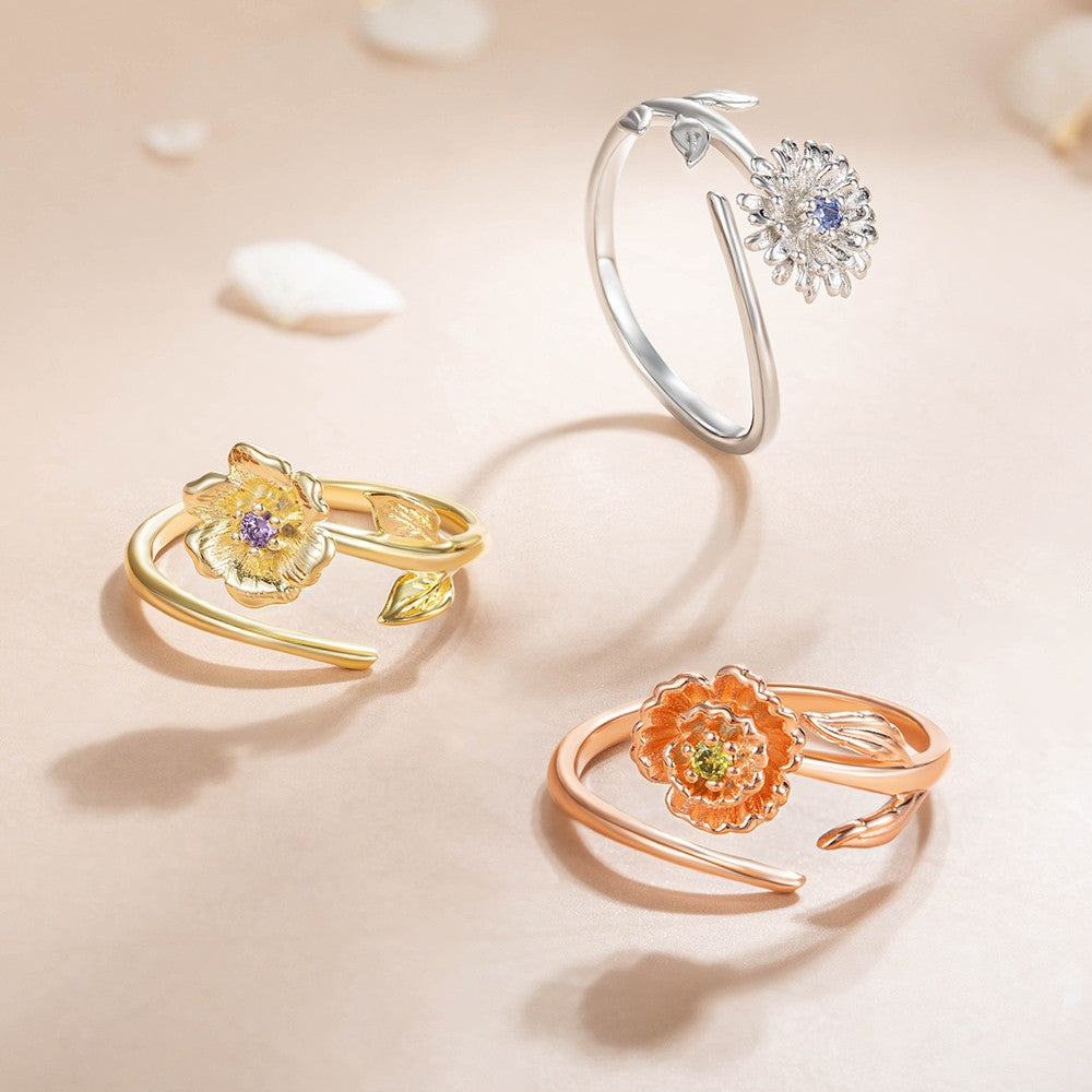 Personalized Birth Flower Ring with Birthstone, 3D Ring, Women's Jewelry, Birthstone Ring, Adjustable Ring, Mother's Ring, Birthday/Mother's Day Gift for Mother/Grandma/Wife/Friend