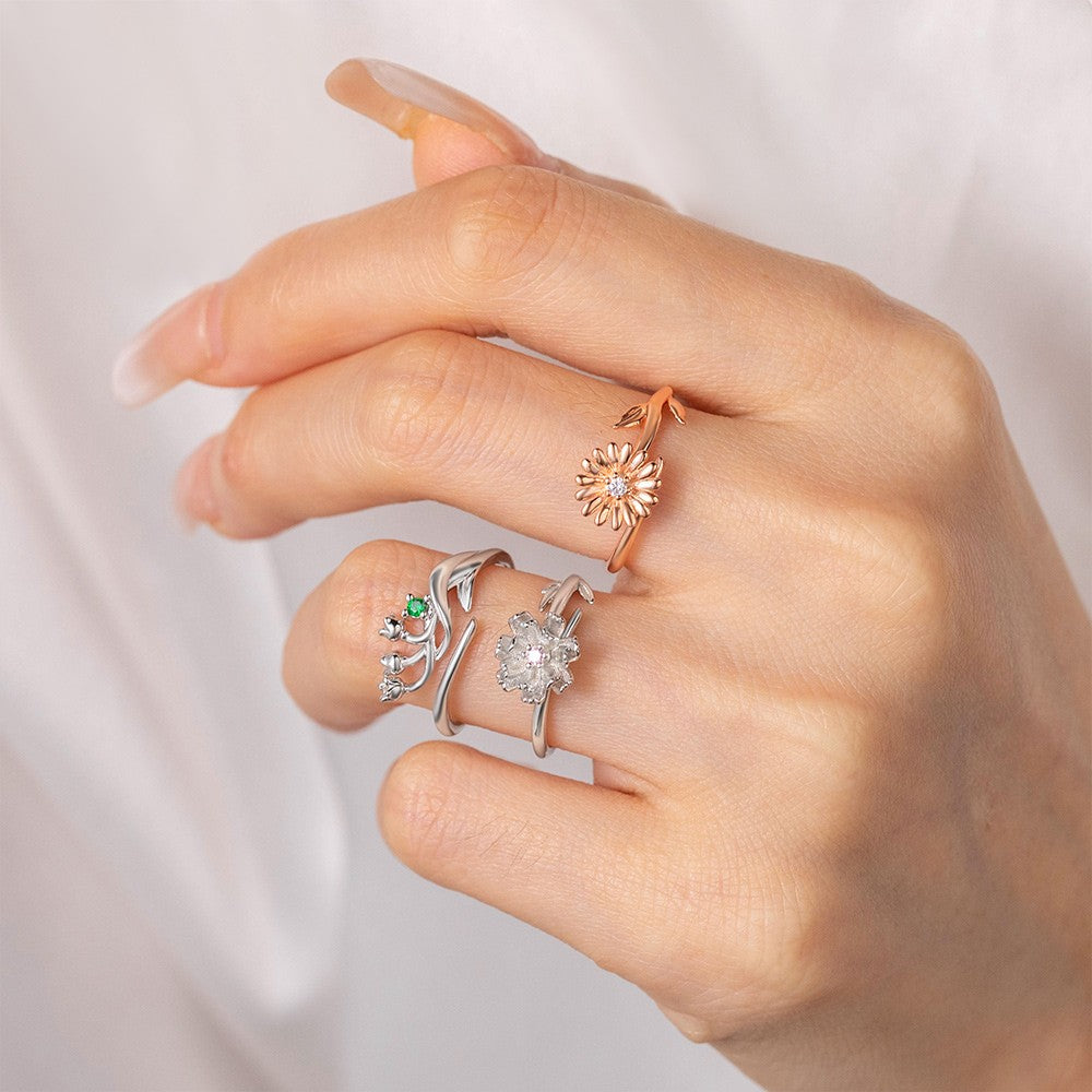 Personalized Birth Flower Ring with Birthstone, 3D Ring, Women's Jewelry, Birthstone Ring, Adjustable Ring, Mother's Ring, Birthday/Mother's Day Gift for Mother/Grandma/Wife/Friend