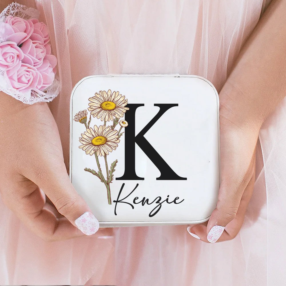 Personalized Birth Flower Jewelry Travel Case, Leather Jewelry Box with Initial & Name, Portable Floral Jewelry Organizer, Birthday Gift, Gifts for Wedding/Bridesmaid/Mom/Women