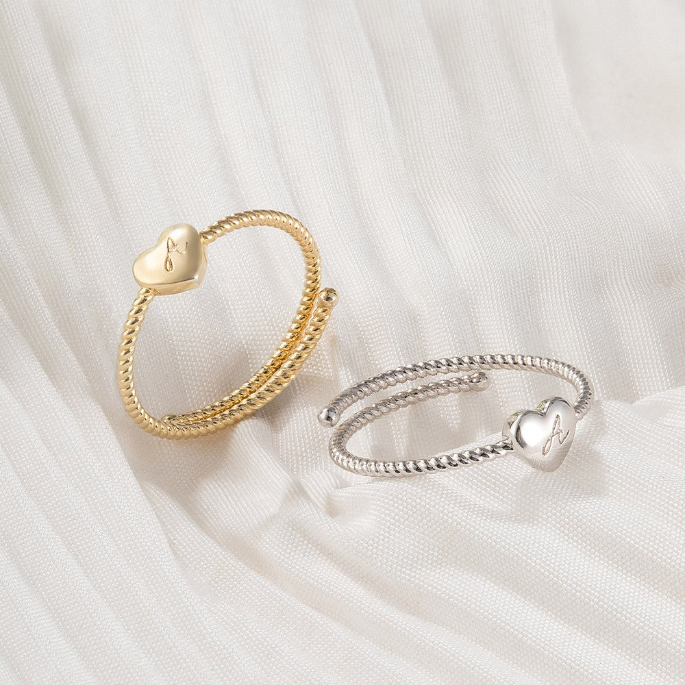 Custom Initial Heart Twist Ring, Sterling Silver 925 Jewelry, Adjustable Ring, Birthday/Mother's Day/Valentine's Day Gift for Mother/Wife/Lover