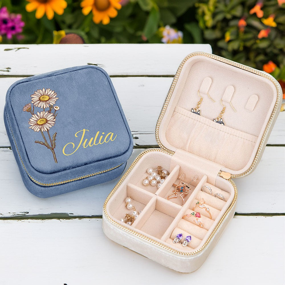 Birth Flower Jewelry Travel Case, Personalized Birthday Gift, Custom Velvet Jewelry Box, Gifts for Wedding/Bridesmaid/Mom/Women