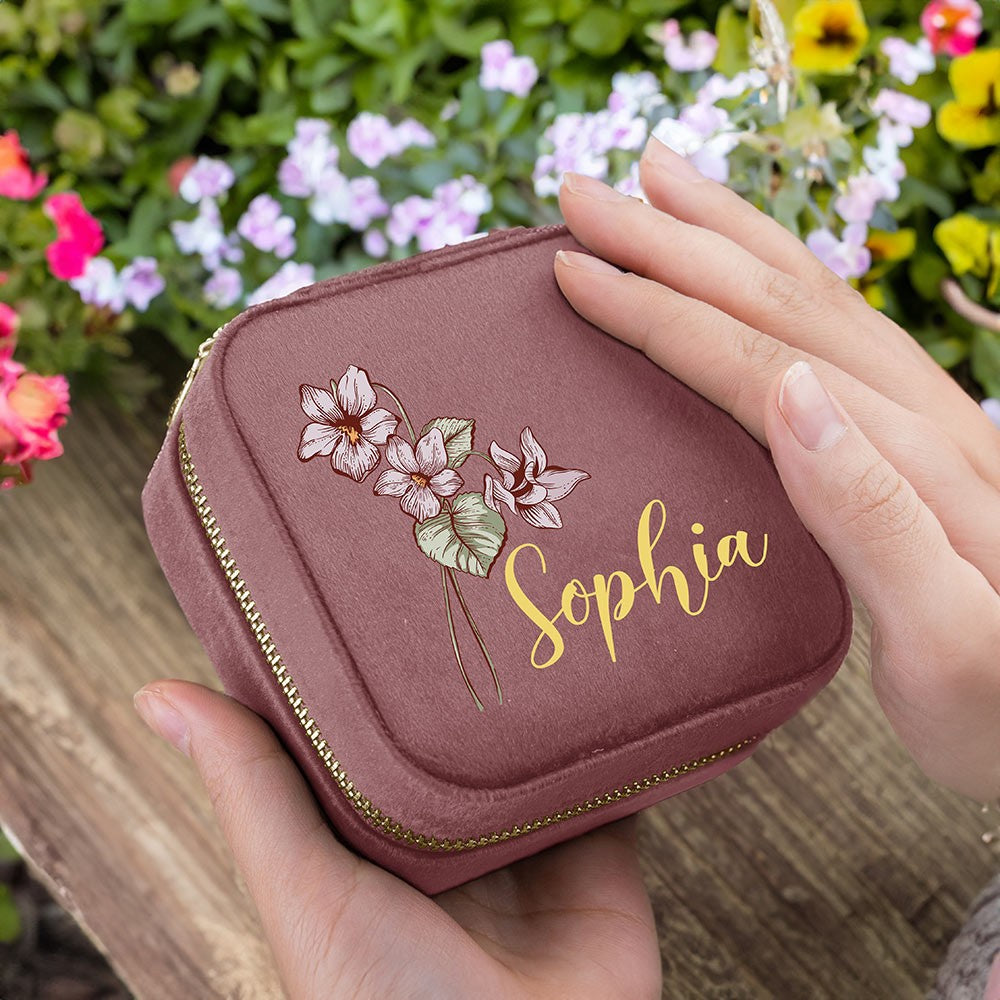 Birth Flower Jewelry Travel Case, Personalized Birthday Gift, Custom Velvet Jewelry Box, Gifts for Wedding/Bridesmaid/Mom/Women