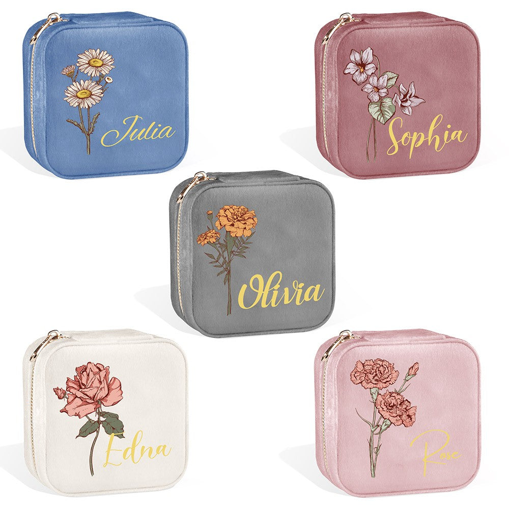 Birth Flower Jewelry Travel Case, Personalized Birthday Gift, Custom Velvet Jewelry Box, Gifts for Wedding/Bridesmaid/Mom/Women