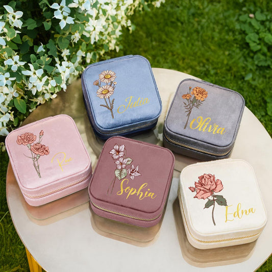 Birth Flower Jewelry Travel Case, Personalized Birthday Gift, Custom Velvet Jewelry Box, Gifts for Wedding/Bridesmaid/Mom/Women