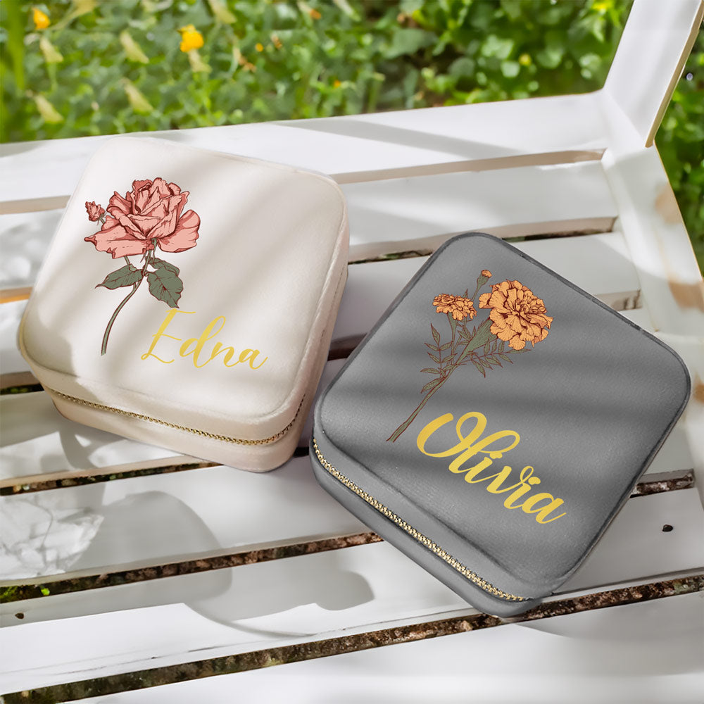 Birth Flower Jewelry Travel Case, Personalized Birthday Gift, Custom Velvet Jewelry Box, Gifts for Wedding/Bridesmaid/Mom/Women